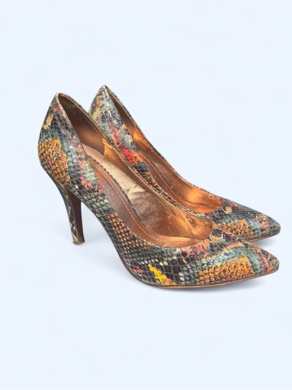 BCBG Paris Multicolor Snakeskin Print Heels Size 8 Statement Glam Shoes
